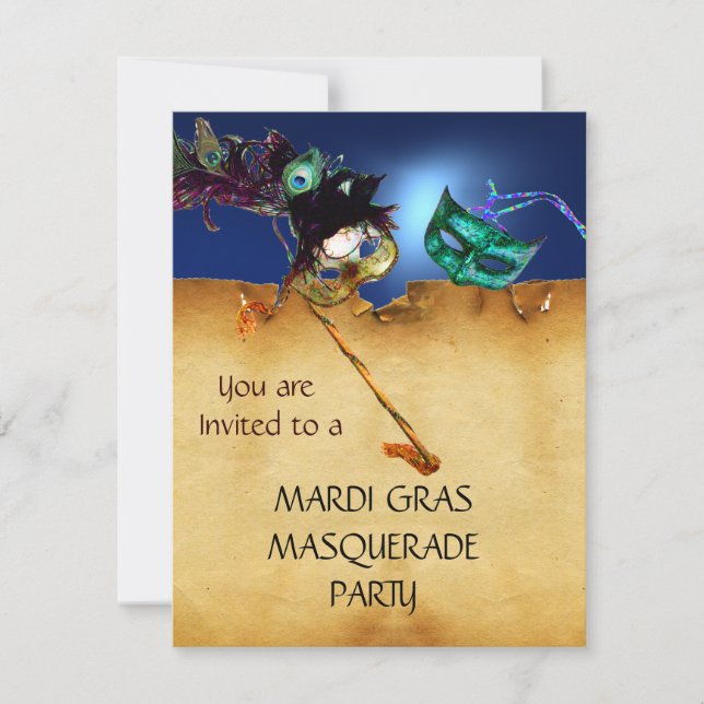 Invitation FÊTE DU MARDI GRAS MASQUERADE parchment Jaune bleu (Devant)