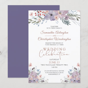 Invitation Fête du Mariage d'aquarelle Floral Purple