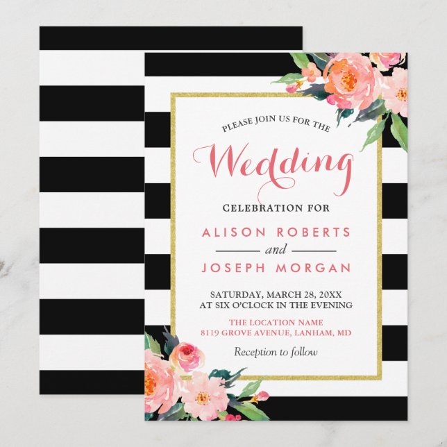 Invitation Fête du Mariage floral moderne Black Stripes (Devant / Derrière)