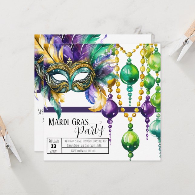 Invitation Fête du Masque Mardi Gras et des perles (Devant/Arrière en situation)