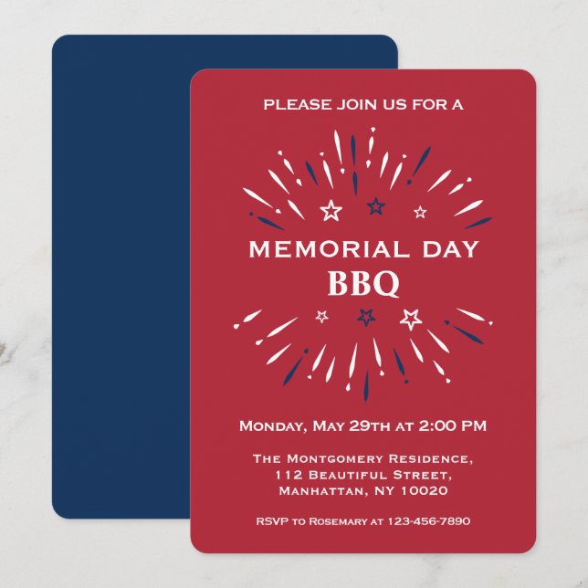 Invitation Fête du Memorial Day BBQ Feu d'artifice Amusant Ro (Devant / Derrière)
