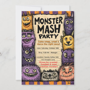 Invitation "Fête du Monster Mash" avec de Mignons Monstres