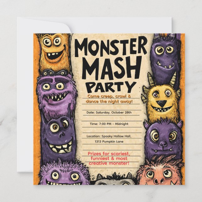 Invitation "Fête du Monster Mash" avec de mignons monstres (Devant)