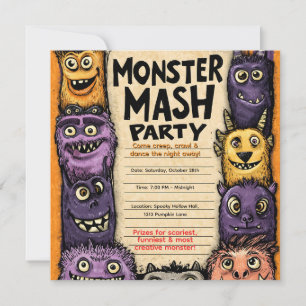 Invitation "Fête du Monster Mash" avec de mignons monstres