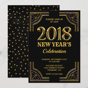 Invitation Fête du Nouvel An 2018 Black Gold Art Déco