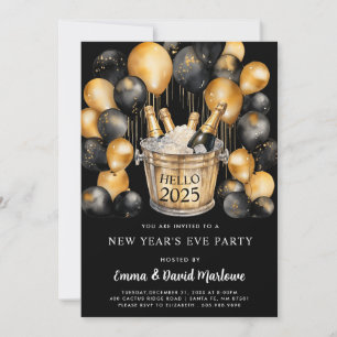 Invitation Fête du Nouvel An 2025 Ballons Noir Or