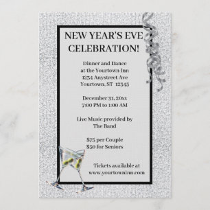 Invitation Fête du Nouvel An à paillettes argentées
