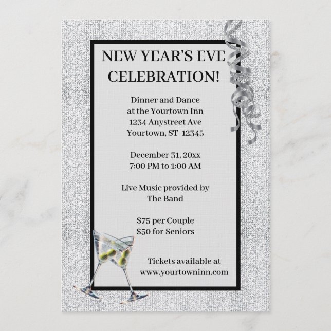 Invitation Fête du Nouvel An à paillettes argentées (Devant)
