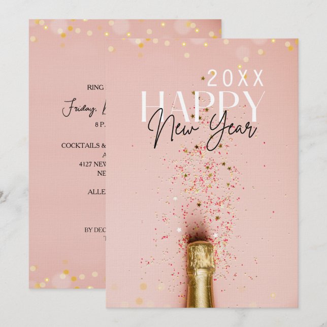 Invitation Fête du Nouvel An au Champagne Rose (Devant / Derrière)