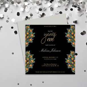 Invitation Fête du Nouvel An aux plumes de paon modernes
