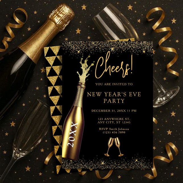 Invitation Fête du Nouvel An avec bouteille de champagne doré (Créateur téléchargé)