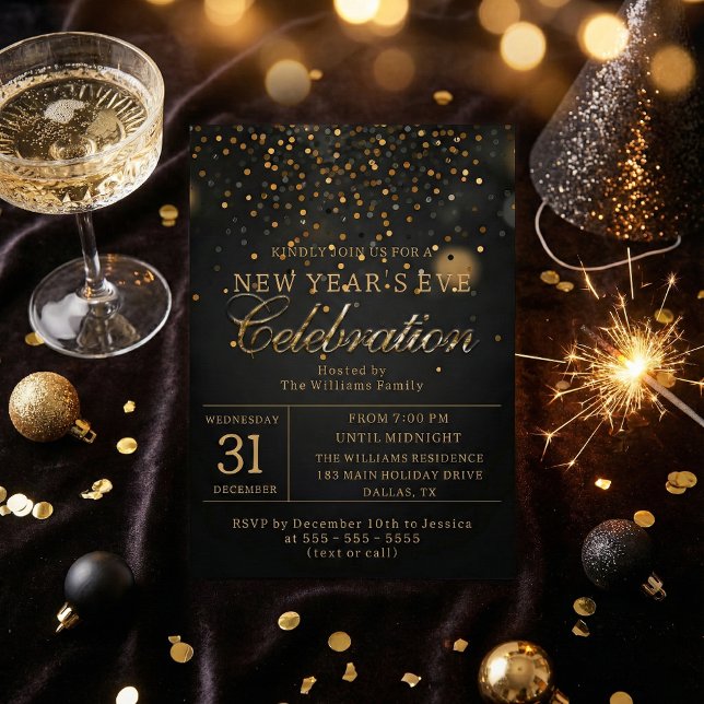 Invitation Fête du Nouvel An avec Confettis Noir et Or (Créateur téléchargé)