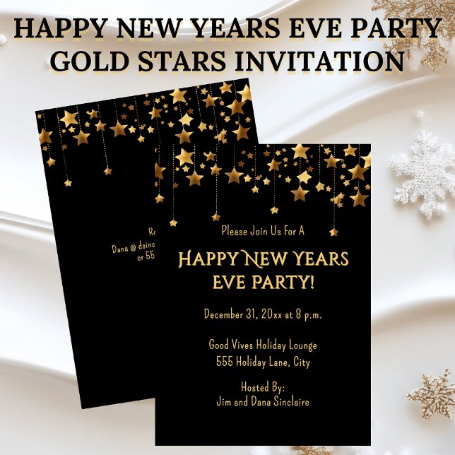 Invitation Fête du Nouvel An avec étoiles dorées (Happy New Years Eve Party Invitation Gold Stars on Black)