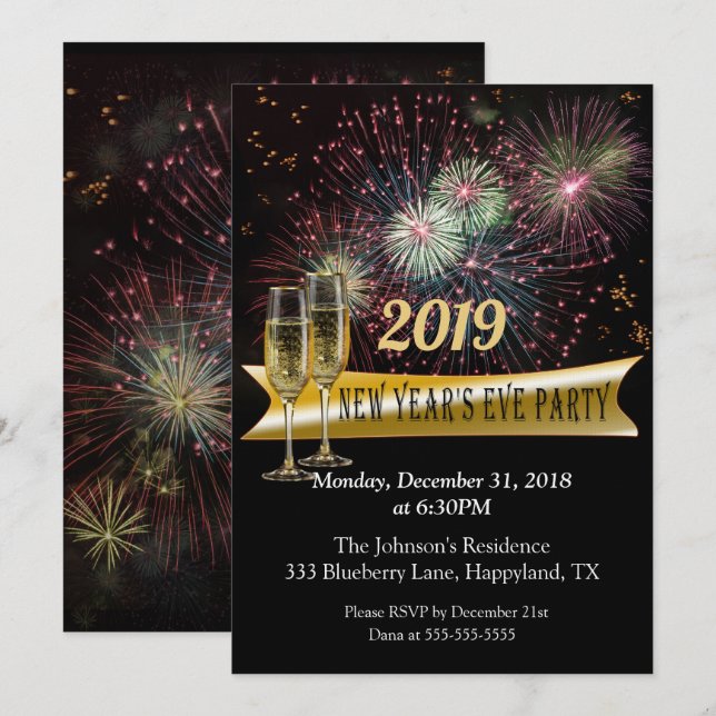 Invitation Fête du Nouvel An avec Feu d'Artifice (Devant / Derrière)
