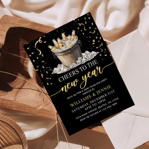 Invitation Fête du Nouvel An Black Gold Cheers