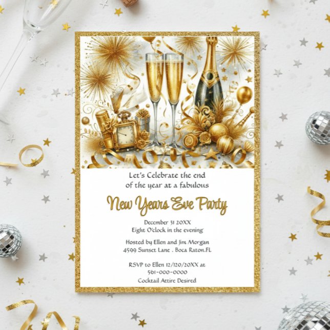 Invitation Fête du Nouvel An blanche et or glamour  (Elegant Gold Glitter New Years Eve Party Template Invitation )