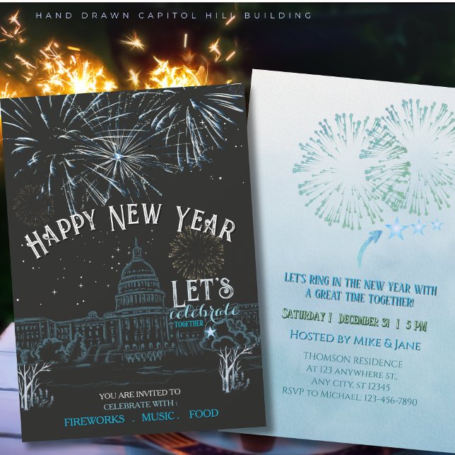 Invitation Fête du Nouvel An Bleu Glacé avec Capitale Feux d' (Icy Blue New Year's Party with Fireworks Capital Invitation)