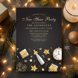 Invitation Fête du Nouvel An Champagne Confetti Or Noir