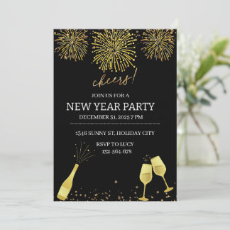 Invitation Fête du Nouvel An Champagne et Feux d'Artifice