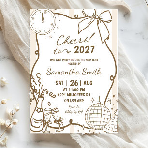 Invitation Fête du Nouvel An Champagne Manuscrit Doodle Beige