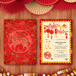 Invitation Fête du Nouvel An Chinois Cheval Floral Or Rouge 2