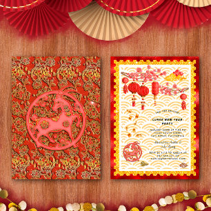 Invitation Fête du Nouvel An Chinois Chèvre Or Rouge Zodiaque
