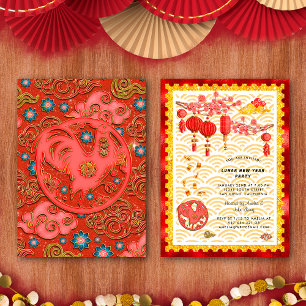 Invitation Fête du Nouvel An Chinois Coq de la Zodiaque Or Ro