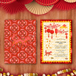 Invitation Fête du Nouvel An Chinois du Chien en Or Rouge Zod