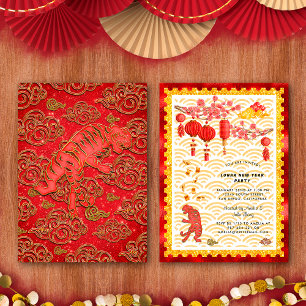Invitation Fête du Nouvel An Chinois Red Gold Cloud Tiger Zod