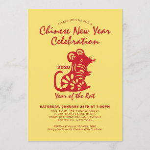 Invitation Fête du Nouvel An chinois simple Rat Rouge 2020
