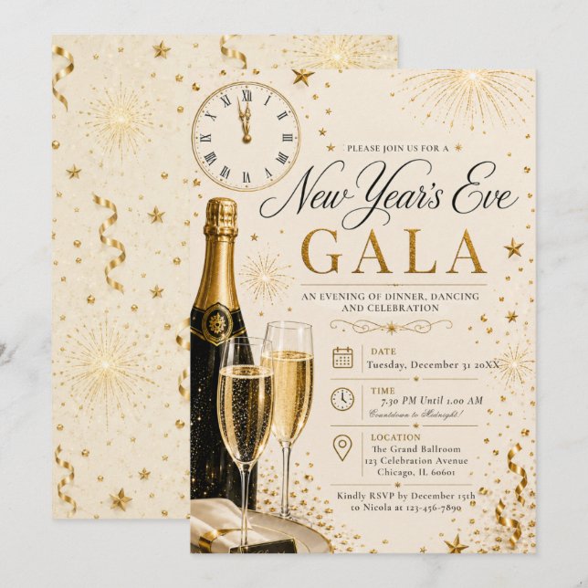 Invitation Fête du Nouvel An Cream Gold (Devant / Derrière)