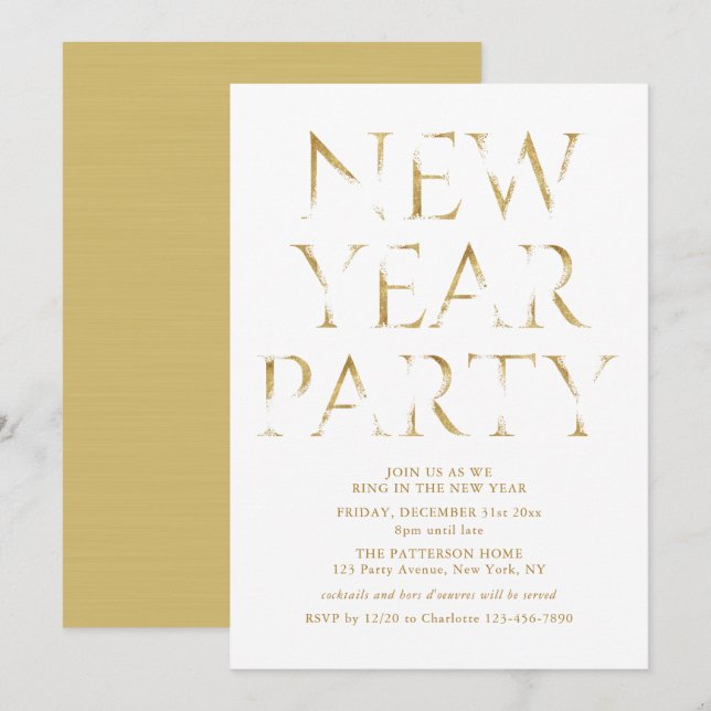 Invitation Fête du Nouvel An de luxe en écriture dorée (Devant / Derrière)