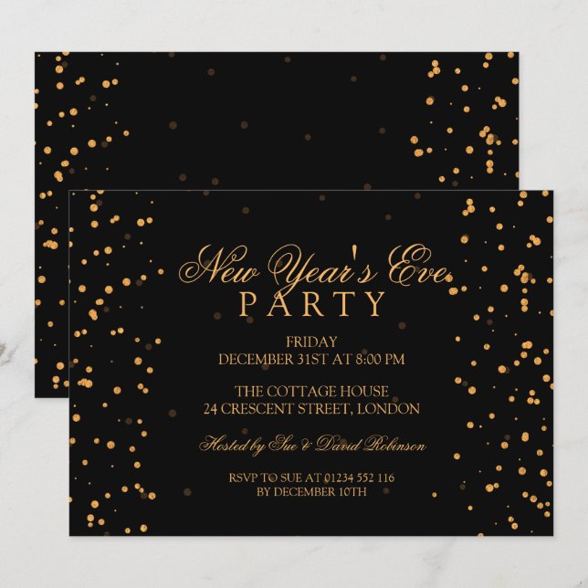 Invitation Fête du Nouvel An doré confettis points (Devant / Derrière)