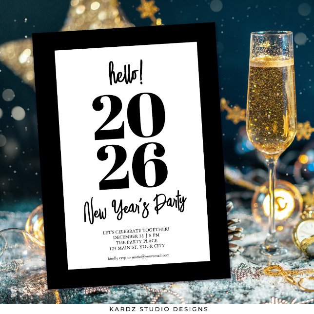 Invitation Fête du Nouvel An éditable moderne noir (Invite shown in 5 x 7 inches, choose size, paper, and corner style.)