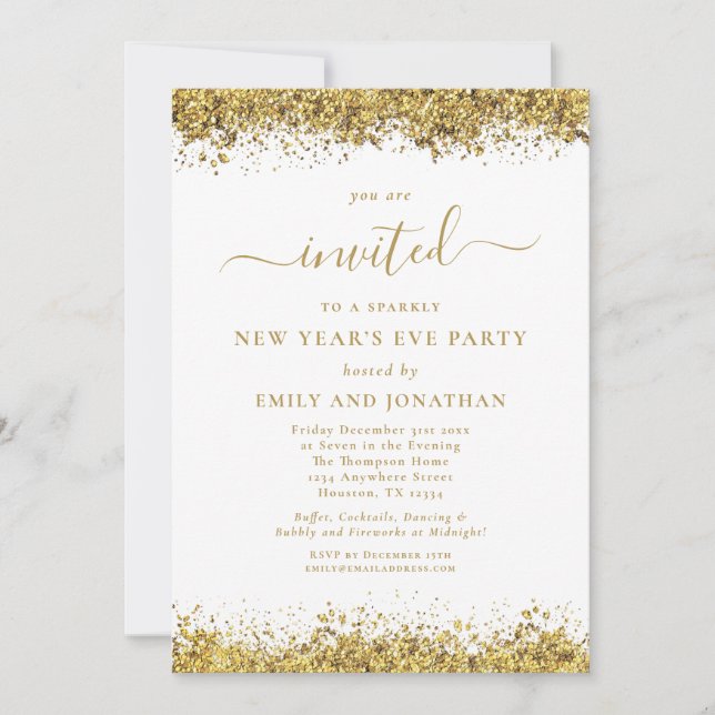 Invitation Fête du Nouvel An élégante avec écriture à paillet (Devant)