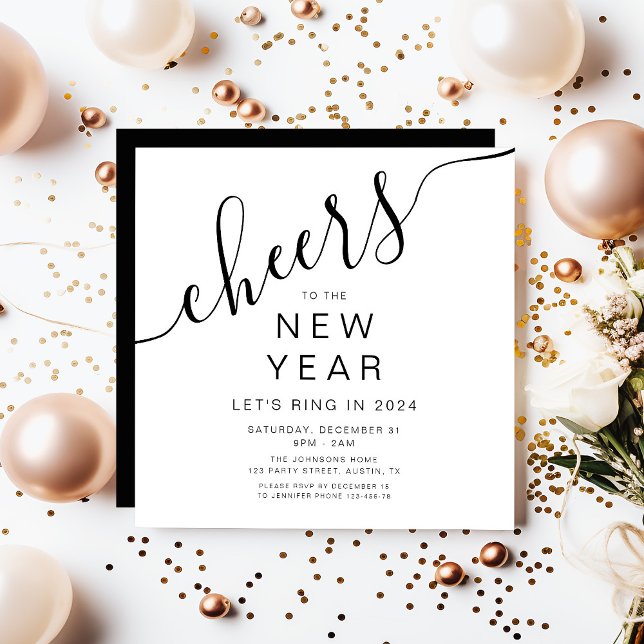 Invitation Fête du Nouvel An élégante en noir et blanc (Elegant Script New Year's Eve Party Invitation)