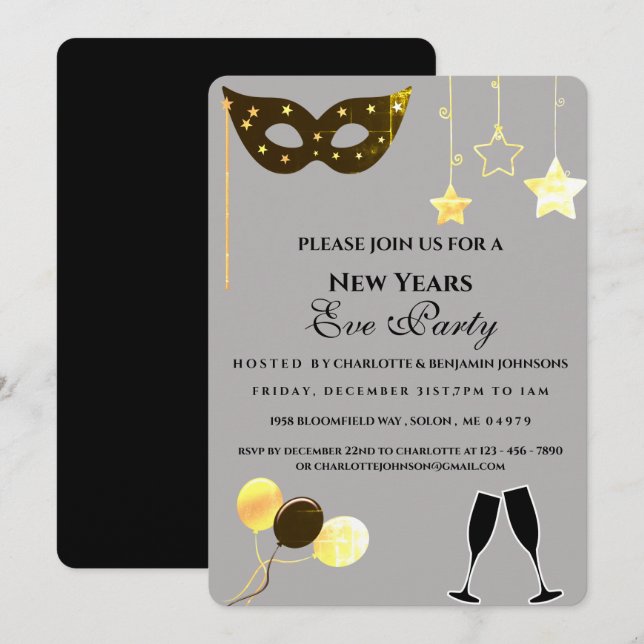 Invitation Fête du Nouvel An élégante noire et dorée (Devant / Derrière)