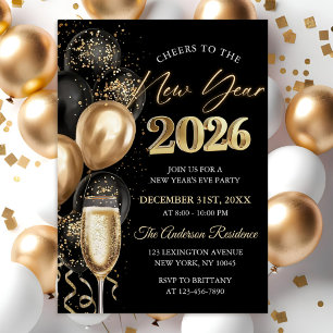Invitation Fête du Nouvel An élégante noire et or
