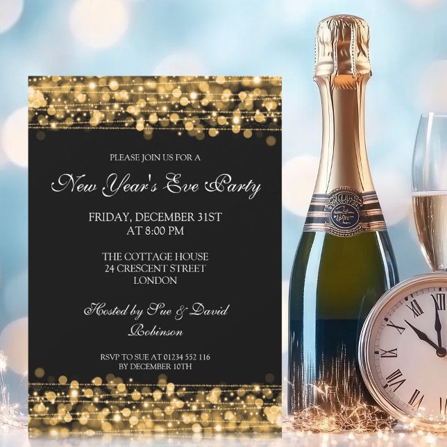 Invitation Fête du Nouvel An Élégante Paillettes Or (Elegant New Years Eve Party Sparkles Gold Invitation)