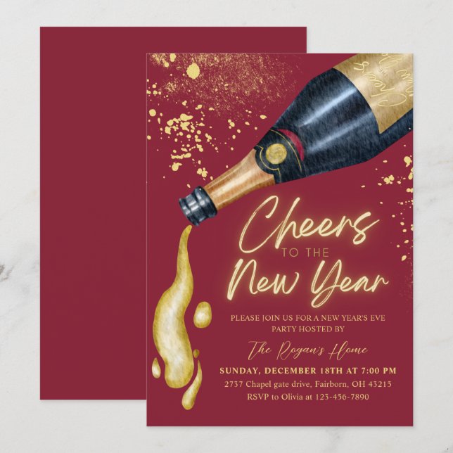 Invitation Fête du Nouvel An élégante rouge (Devant / Derrière)