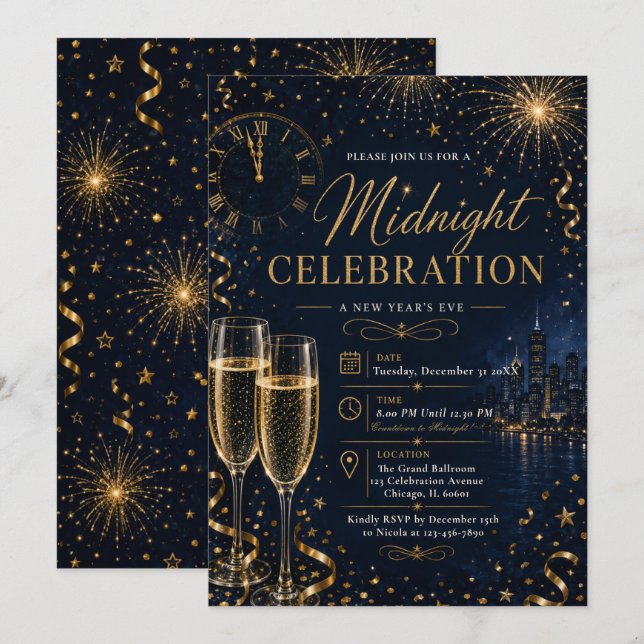 Invitation Fête du Nouvel An en or noir (Devant / Derrière)