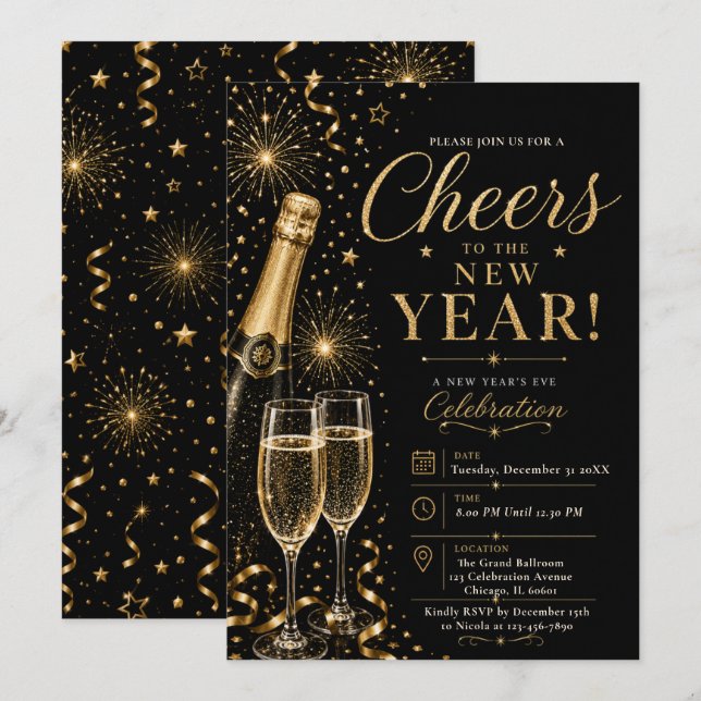 Invitation Fête du Nouvel An en Or Noir (Devant / Derrière)