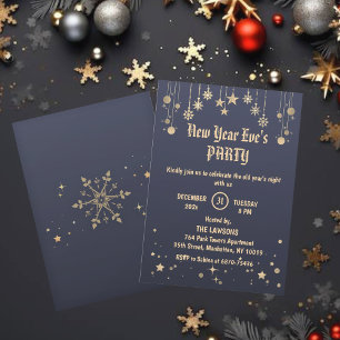 Invitation Fête du Nouvel An Étoiles et Flocons de Neige Gris