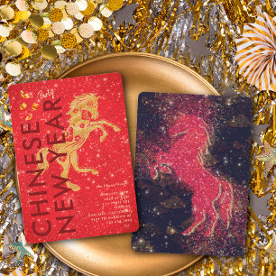 Invitation Fête du Nouvel An Lunaire Cheval Paillettes Or Rou