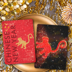 Invitation Fête du Nouvel An Lunaire du Singe Paillettes Or R