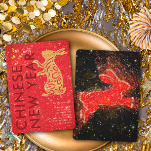 Invitation Fête du Nouvel An Lunaire Lapin Paillettes Or Roug