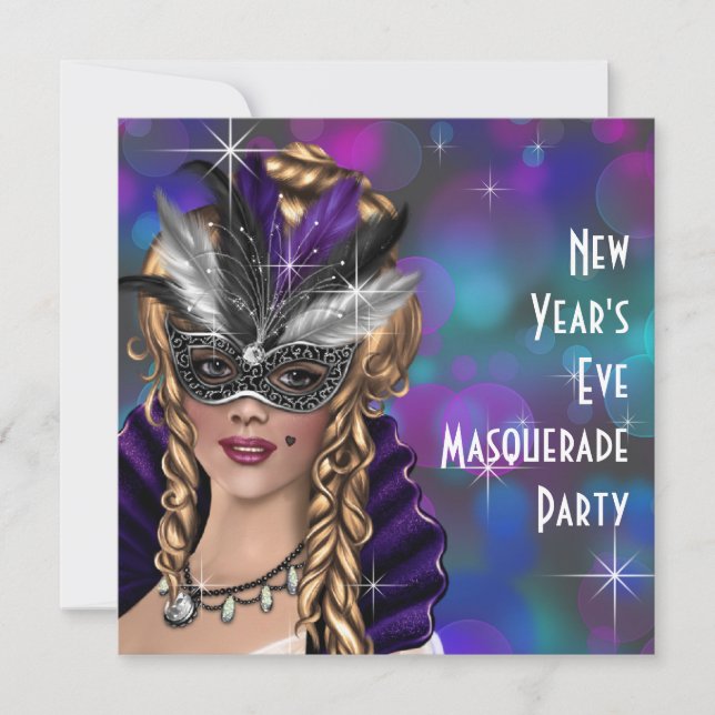 Invitation Fête du Nouvel An masquée Violet Turquoise (Devant)