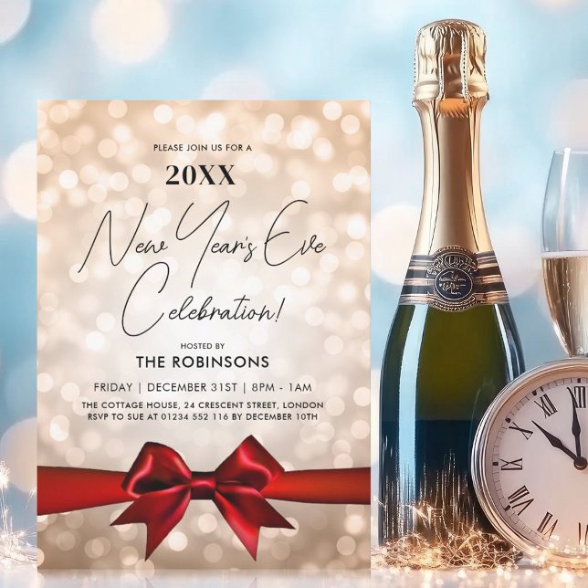 Invitation Fête du Nouvel An Moderne Copper Bokeh Ruban Rouge (MODERN New Years Eve Party Copper Bokeh Red Bow Invitation)