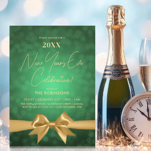 Invitation Fête du Nouvel An Moderne Vert Bokeh Arc Doré