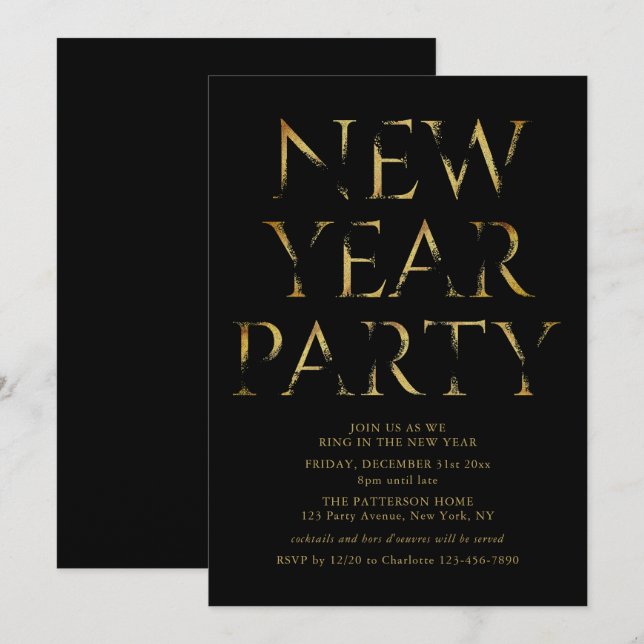 Invitation Fête du Nouvel An Noir Élégant et Or (Devant / Derrière)
